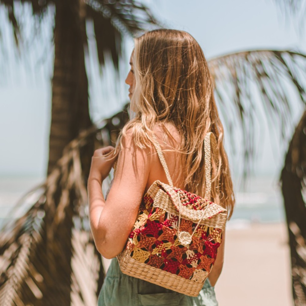 Straw Beach Bag - Handmade - Red